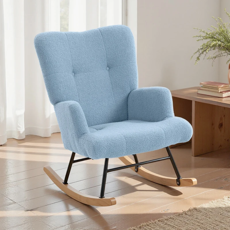 HOMCOM Silla Mecedora de Terciopelo de Teddy con Respaldo Alto Patas de Madera de Caucho Reposabrazos Azul Claro