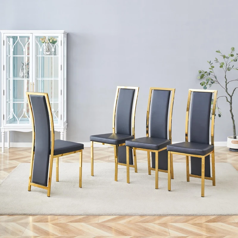 Chaise de salle à manger minimaliste européenne, bordure dorée 3D et dossier haut ergonomique, 44x42.7x109 cm, Noir+Doré