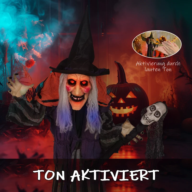 Outsunny 160 cm Halloween Decoratie Halloween Heks met LED-Lichten, Geluidfunctie Verstelbare Armen, Lichaam