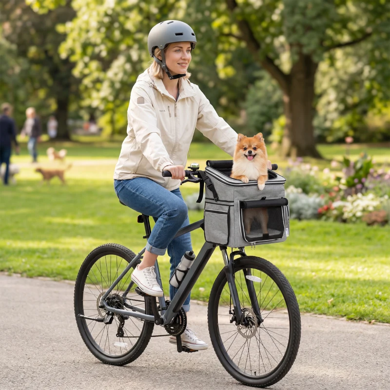 PawHut Panier de Vélo Avant Portable pour Chiens Chats, Laisse de Sécurité, Couvercle Détachable, 33x26x35cm, Gris Clair