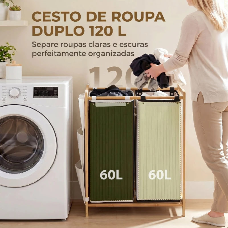 HOMCOM Cesto de Roupa Suja com Tampa 120L de Bambu com 2 Compartimentos Sacos com Cordão Bolsos Laterais Branco e Preto