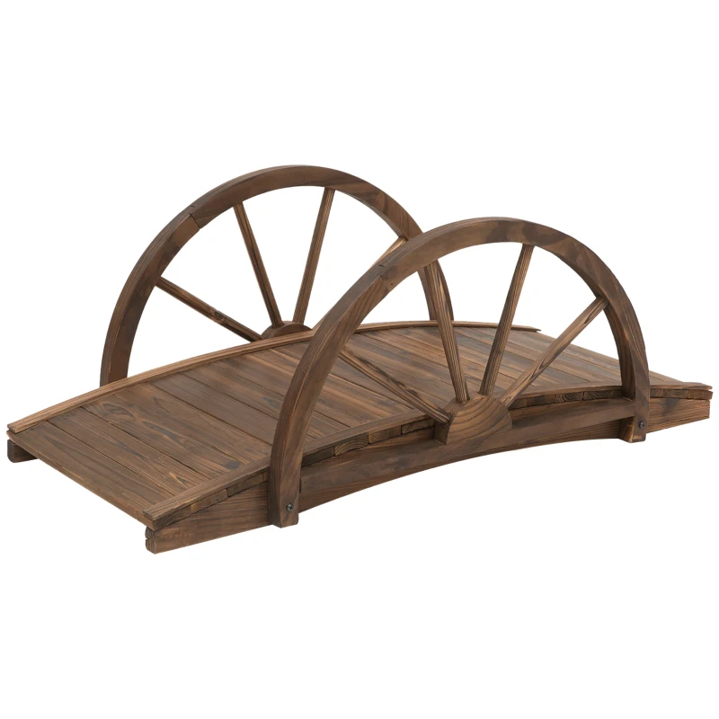 Outsunny Gartenbrücke aus Tannenholz, Holzbrücke mit Rad Design, Teichbrücke bis 150 kg belastbar 100 x 50 x 37 cm Verkohlt
