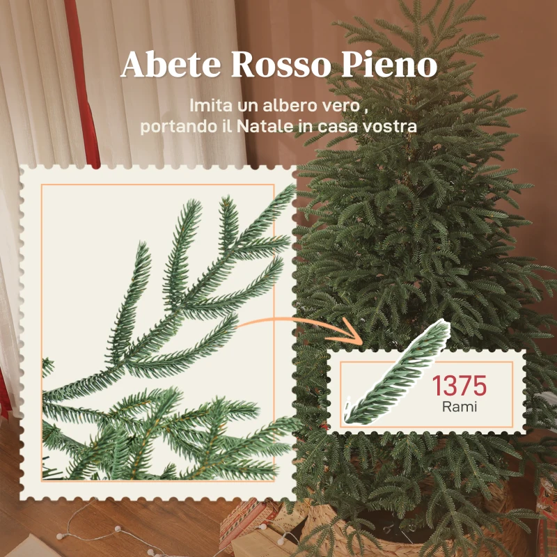 HOMCOM Albero di Natale Artificiale da 150 cm e Ignifugo con 1375 Rami Realistici, Base in Metallo Pieghevole