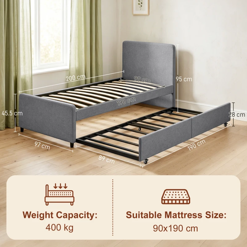 HOMCOM 3ft Single Bed Frame with Trundle, Upholstered Pull Out Trundle Bed with Headboard and Footboard, Dark Grey