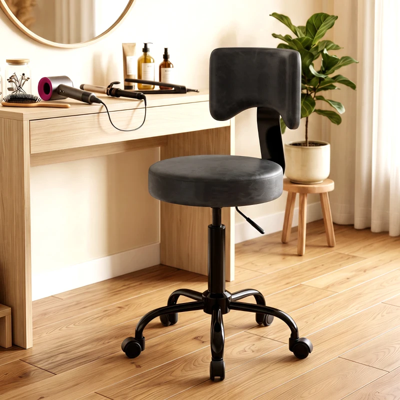 HOMCOM Scaun Salon cu Rotile, PU, Înălțime Reglabilă, Șezut Căptușit și Spătar, Rotativ, 34,5x34,5x87,5 cm, Negru