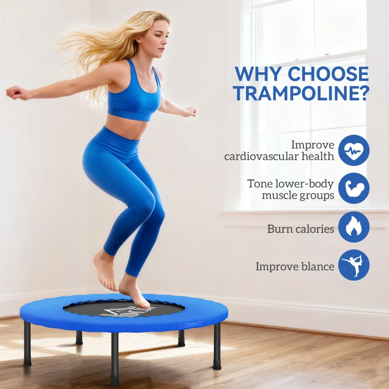 HOMCOM 32" Mini Fitness Trampoline Home Gym Yoga Exercise Rebounder Indoor Outdoor Jumper with Safety Pad, Support Up to 100 KG, Blue and Black