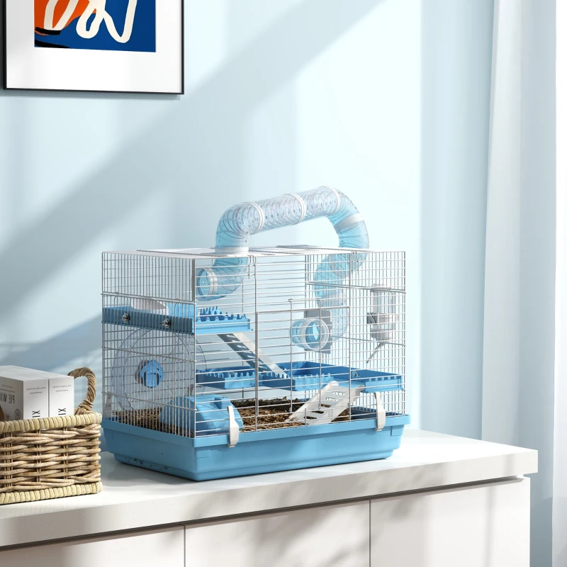 PawHut Cușcă pentru Hamsteri cu 3 Etaje, Căsuță, Roată, Bol pentru Mâncare, Sticluță și Tuburi, Albastru
