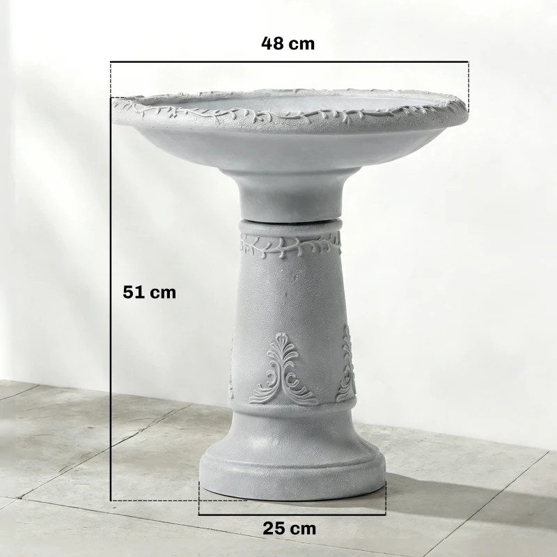 Outsunny Vogelbad van hars voor buiten, rond vogelbad 51 cm met steenlook, vrijstaand voeder- en drinkstation voor vogels, Grijs