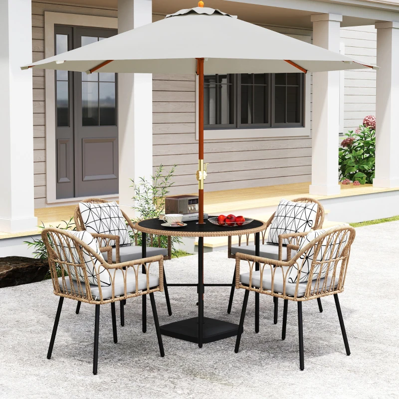 Outsunny 5 Piece Patio Rattan Dining Set, Wicker Garden Table and Chairs w/ Removable Seat & Back Cushions, Round Tempered Glass Tabletop, Parasol Hole, Outdoor Furniture Conservatory Set, Light Brown