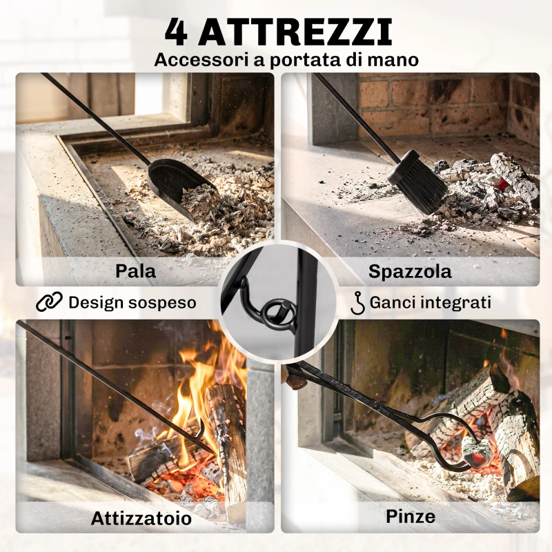 Outsunny Portalegna da Interno ed Esterno Rialzato a 2 Ripiani, Porta Legna da Ardere in Metallo con Supporti Rimovibili, Paletta, Scopa, Attizzatoio e Pinza, Capacità 70 kg, 44.5x29.5x73 cm, Nero