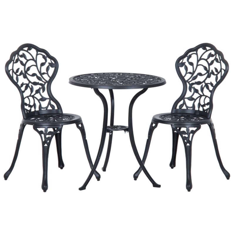 Outsunny Ensemble de bistrot 3 pièces avec 2 chaises et 1 table ronde style antique, pour jardin, terrasse, balcon, noir