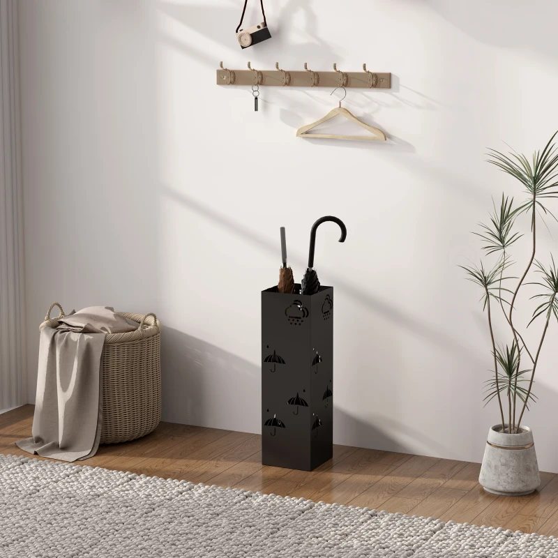 HOMCOM Metalen Paraplustandaard, 4 Haken, Wolk- en Paraplumotief, Druipbak, Zwart