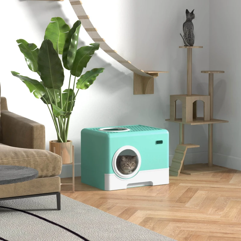 PawHut Lettiera per Gatti con Coperchio e Paletta, Doppio Ingresso e Vassoio Estraibile, 52x41x38.5 cm, Verde