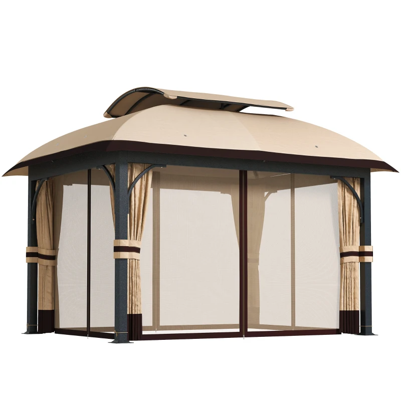 Outsunny Tuinpaviljoen, 3,3 x 4 m tent met netgordijnen, tweelaags dak, kunstleder dak, metalen frame, khaki