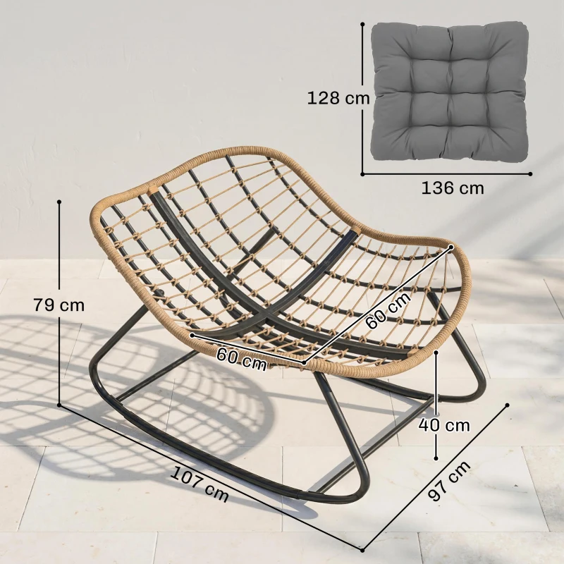 Outsunny Fauteuil à Bascule Papasan Intérieur Extérieur, Chaise Ovale à Bascule Rembourrée pour Jardin, Patio, Gris
