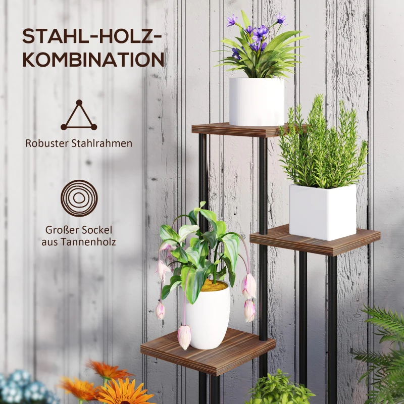 Outsunny Bloemenstandaard met 5 Niveaus, 5-Traps Plantenstandaard, Verspringend Ontwerp, Eenvoudig te Verplaatsen, Hout, Staal