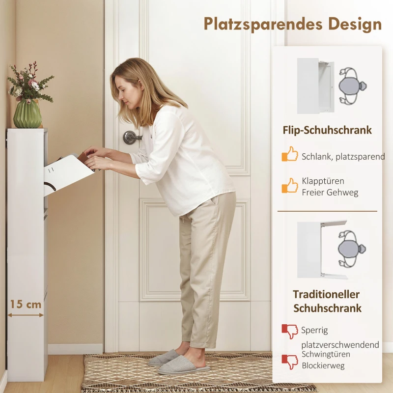 HOMCOM Metalen schoenenkast met 3 klapladen, slank ontwerp, wandmontage, voor 6 paar schoenen, wit