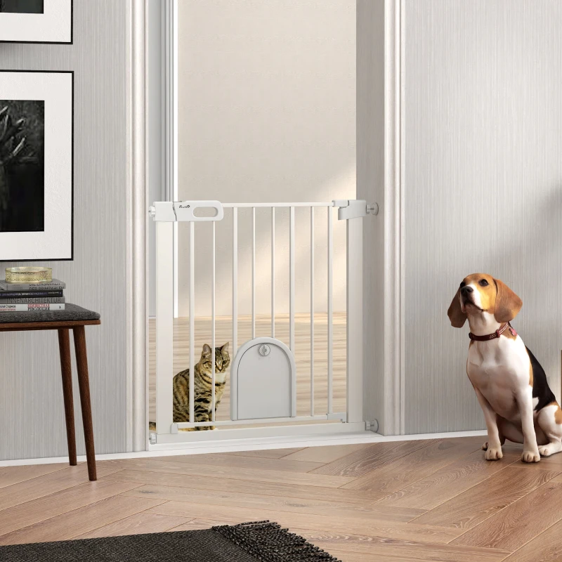 PawHut Barrière de sécurité animaux avec porte fermeture automatique système de double verrouillage, acier blanc