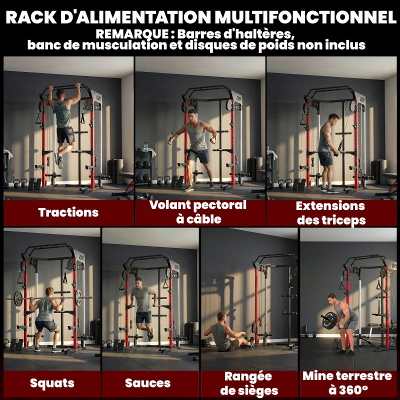 SPORTNOW Station de Musculation Power Rack 900kg Double Poulie Réglable 19 Niveaux Home Gym Complet pour Entraînement Force Noir