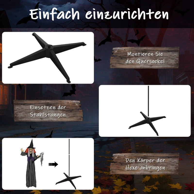 Outsunny 160 cm Halloween Decoratie Halloween Heks met LED-Lichten, Geluidfunctie Verstelbare Armen, Lichaam
