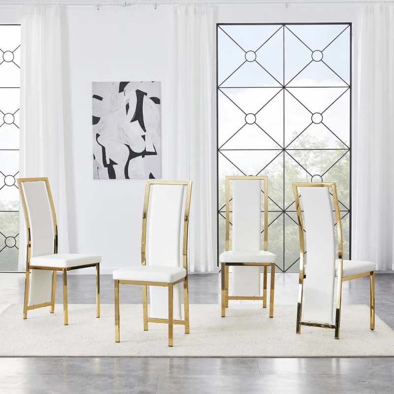 Chaise de salle à manger minimaliste européenne, bordure dorée 3D et dossier haut ergonomique, 44x42.7x109 cm, Blanc+Doré