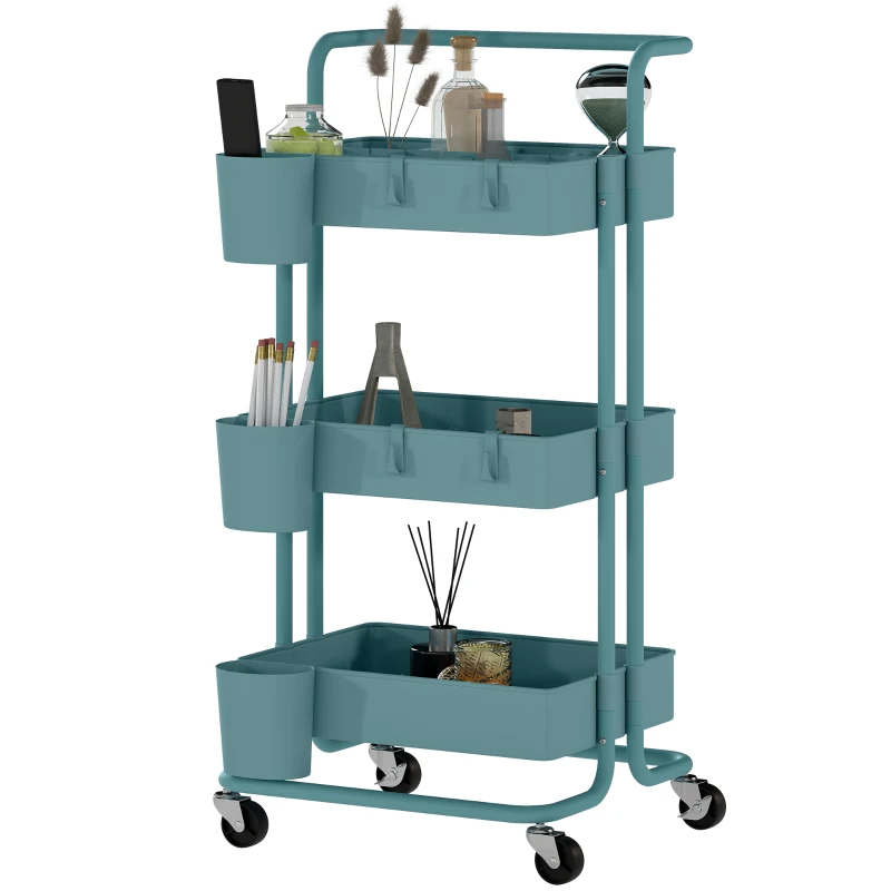 HOMCOM Carrito Auxiliar con Ruedas Carro de Almacenaje Multifuncional con Ganchos y Cajas Colgantes 42x38x86,5 cm Azul Verdoso