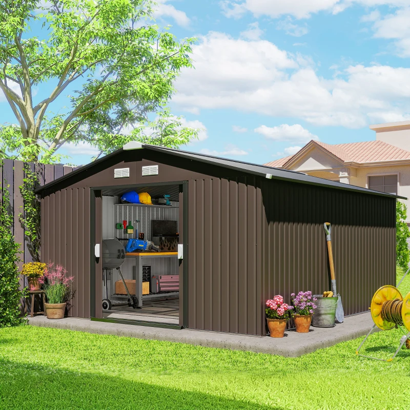Outsunny Abrigo de Jardim Exterior para Armazenamento de Ferramentas com 4 Janelas 12,4 m² 340x386x200 cm Marrom