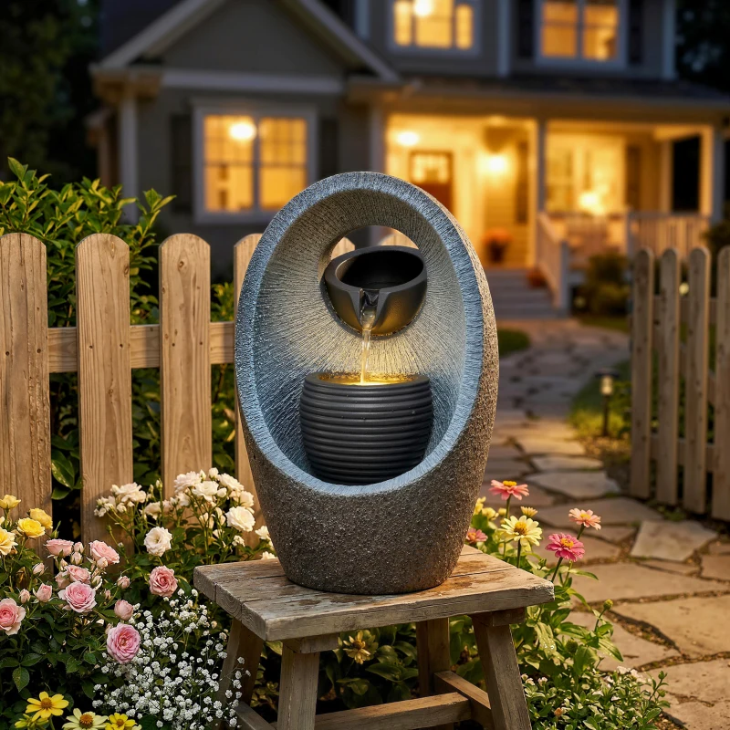 Outsunny Water Feature with 2-Tier Bowls, Garden Water Fountain with Pump and LED Lights, Resin Cascading Waterfall