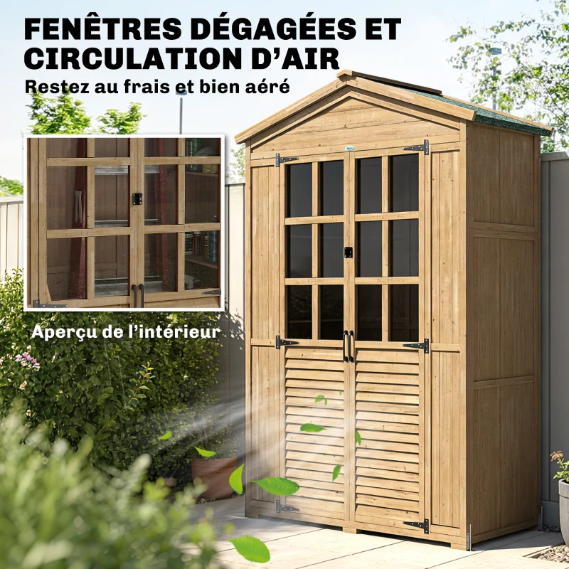 Outsunny Abri de jardin Armoire de jardin pour outils avec Étagères et Fenêtres en Acrylique, 128 x 57,5 x 197 cm marron clair