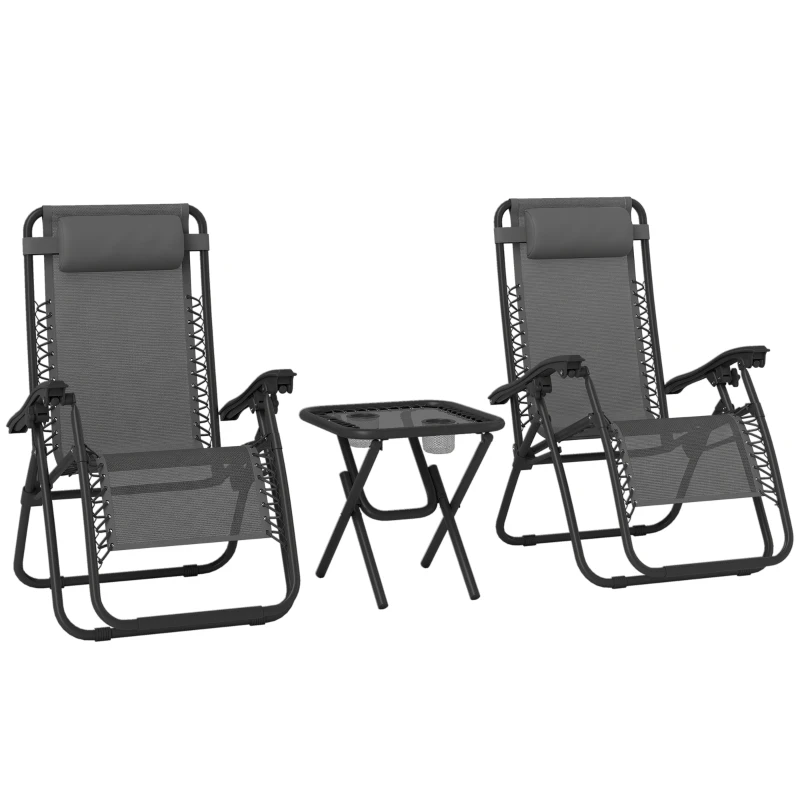 Outsunny Set de 2 Sillas de Gravedad Cero Plegables 90x65x110 cm y Mesa Auxiliar 50x50x50 cm con 2 Portavasos Sillas Reclinables con Reposacabezas para Jardín Terraza Gris