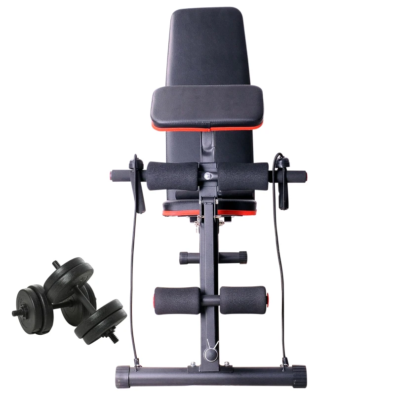 HOMCOM Banc de musculation pliable inclinable réglable sangles élastiques support haltères inclus acier noir rouge + Ensemble d'haltères Courtes Total 20 Kg acier HDPE noir