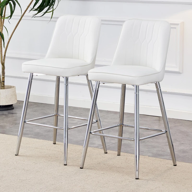 Lot de 2 tabourets de bar hauteur, design moderne et confortable, dossier incurvé et repose-pieds, 42x45x100 cm, Blanc+Argenté
