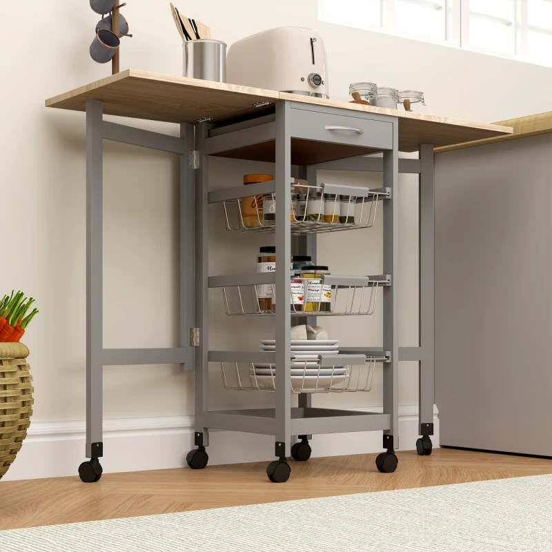 HOMCOM Carucior de bucătărie cu 3 coșuri, sertar și 2 extensii, din lemn și metal, 37x37x77.5 cm, gri și stejar