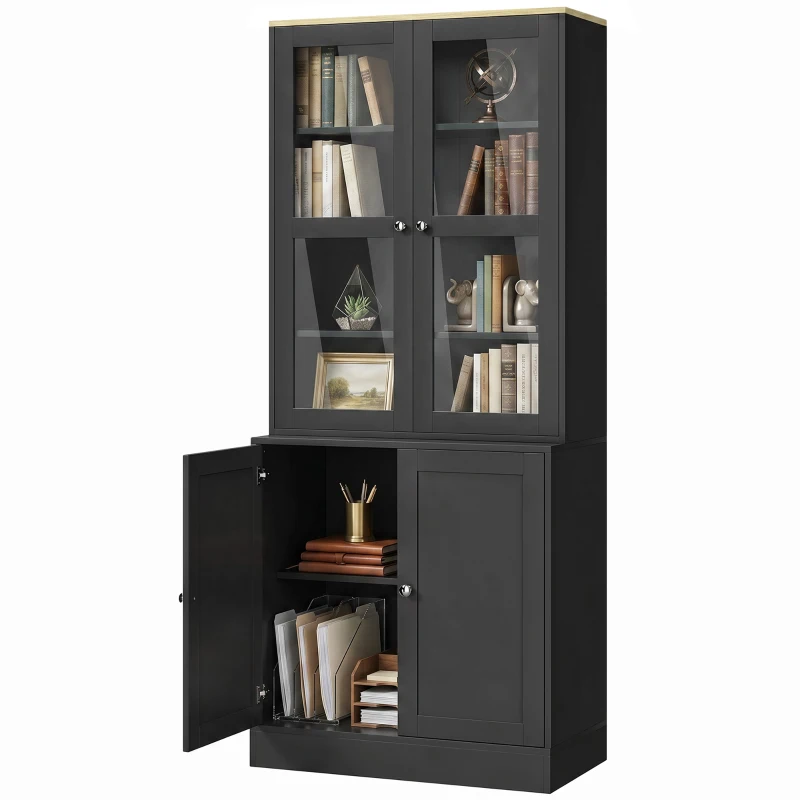 HOMCOM Modern Bookcase Display Storage Unit with Glass Doors Adjustable Shelves, Black