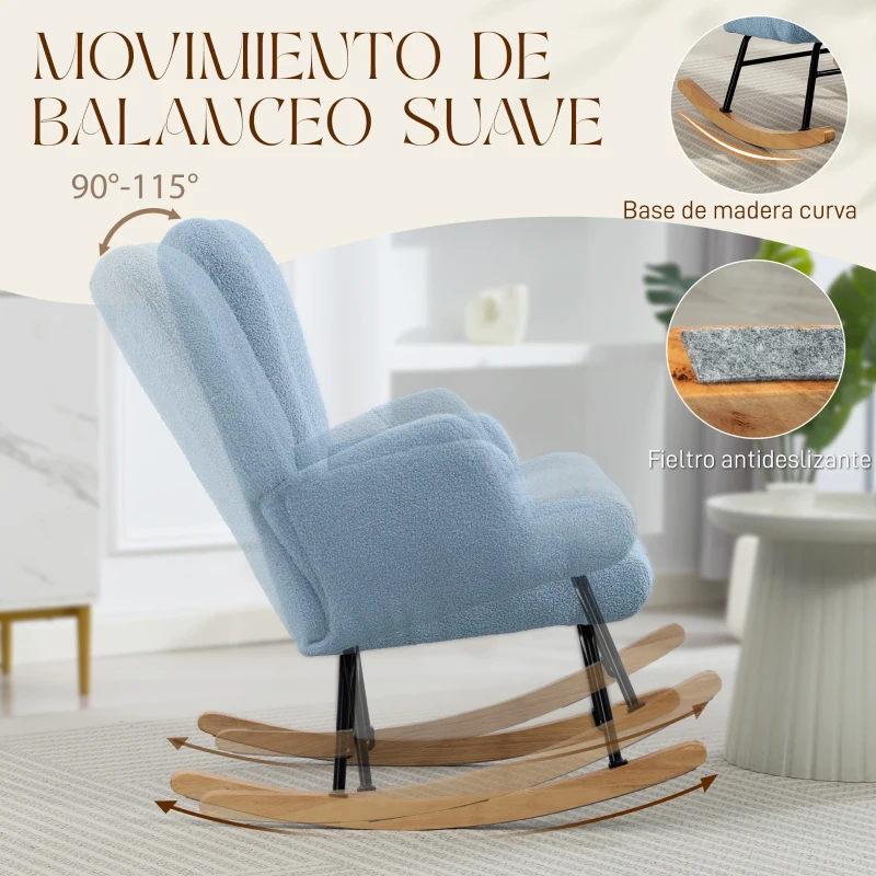 HOMCOM Silla Mecedora de Terciopelo de Teddy con Respaldo Alto Patas de Madera de Caucho Reposabrazos Azul Claro