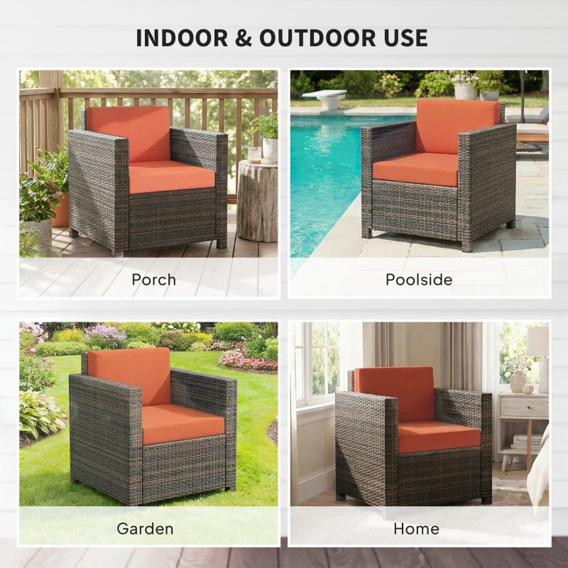 Outsunny PE Rattan Garden Armchair with Cushion - Mixed Brown/Orange