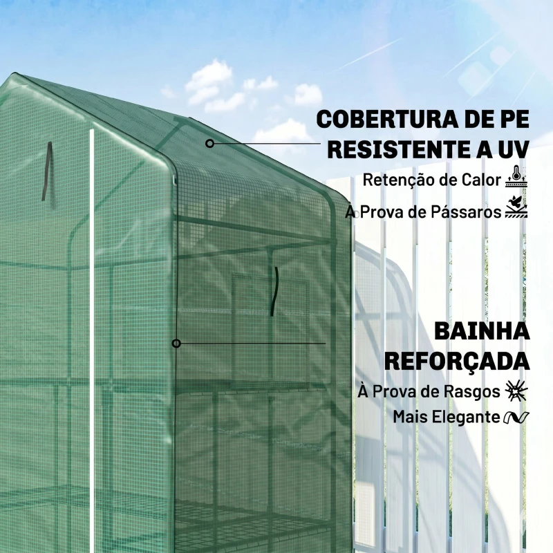 Outsunny Estufa de Jardim com 1 Porta 2 Janelas e Prateleiras de 2 Níveis em Forma de U para Cultivo de Plantas 140x73x190 cm Verde