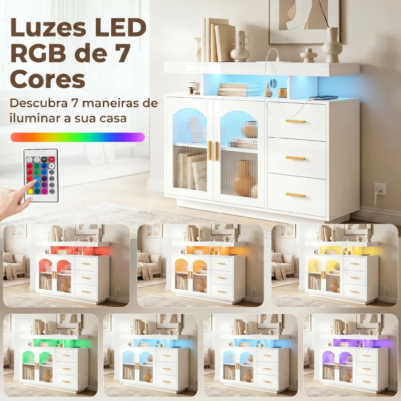 HOMCOM Aparador com LED RGB de 7 Cores, Tomadas, Portas USB, 3 Gavetas, Prateleiras Abertas, 2 Portas, Branco Brilhante, 100x35x80 cm