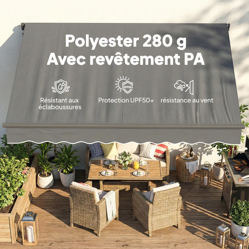 Outsunny Store banne manuel 3,5x3m, auvent rétractable inclinaison réglable, manivelle, protection UV résistance à l'eau, gris