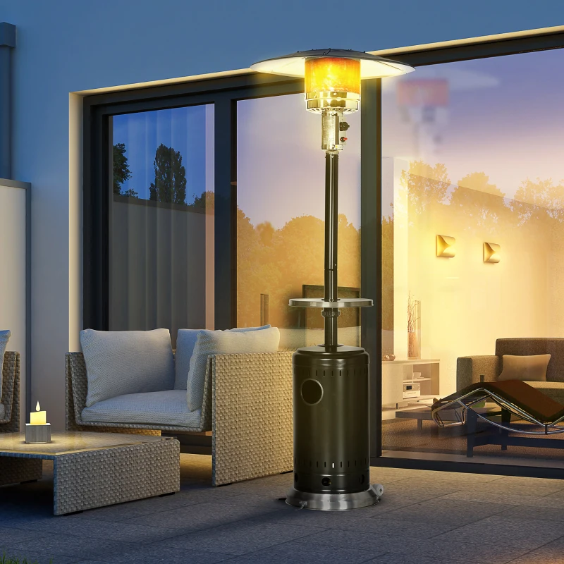 Outsunny Chauffage de terrasse à gaz 13 Kw 30 m² et IP44 chauffage radiant avec roues de transport étagère et protection contre le renversement détendeur et tuyau de gaz fournis alu et acier noir