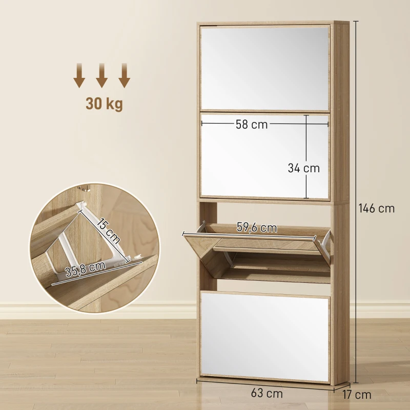 HOMCOM Sapateira Estreita com Espelho 4 Portas Abatíveis para 12 Pares de Sapatos para Espaços Reduzidos 63x17x146 cm Madeira