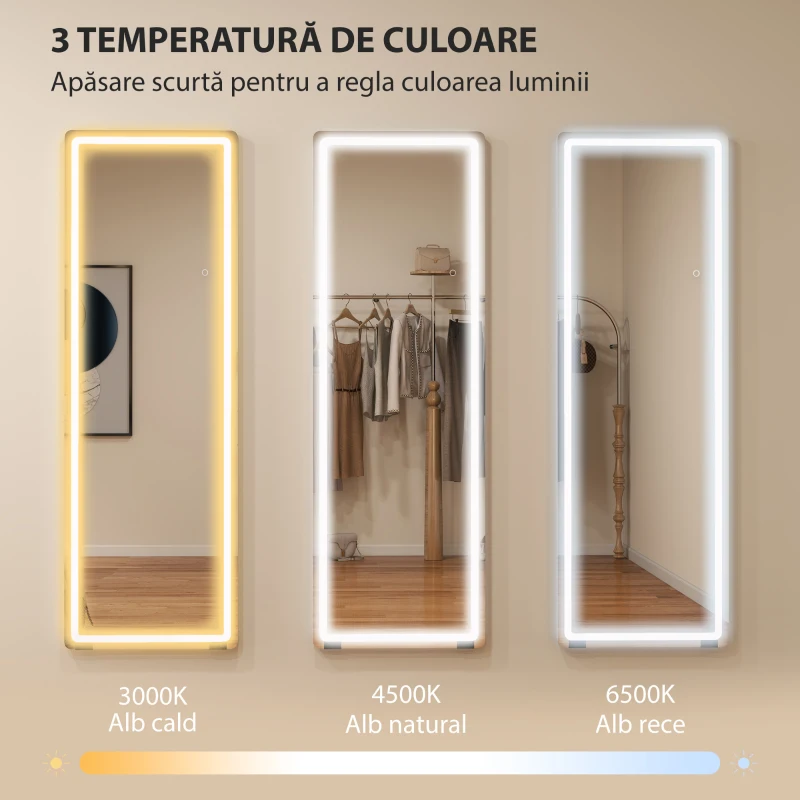 HOMCOM Oglindă de Corp Întreg cu LED, 150x50 cm, Iluminare în 3 Culori, de Podea, Sprijinită sau Montată pe Perete, Transparentă