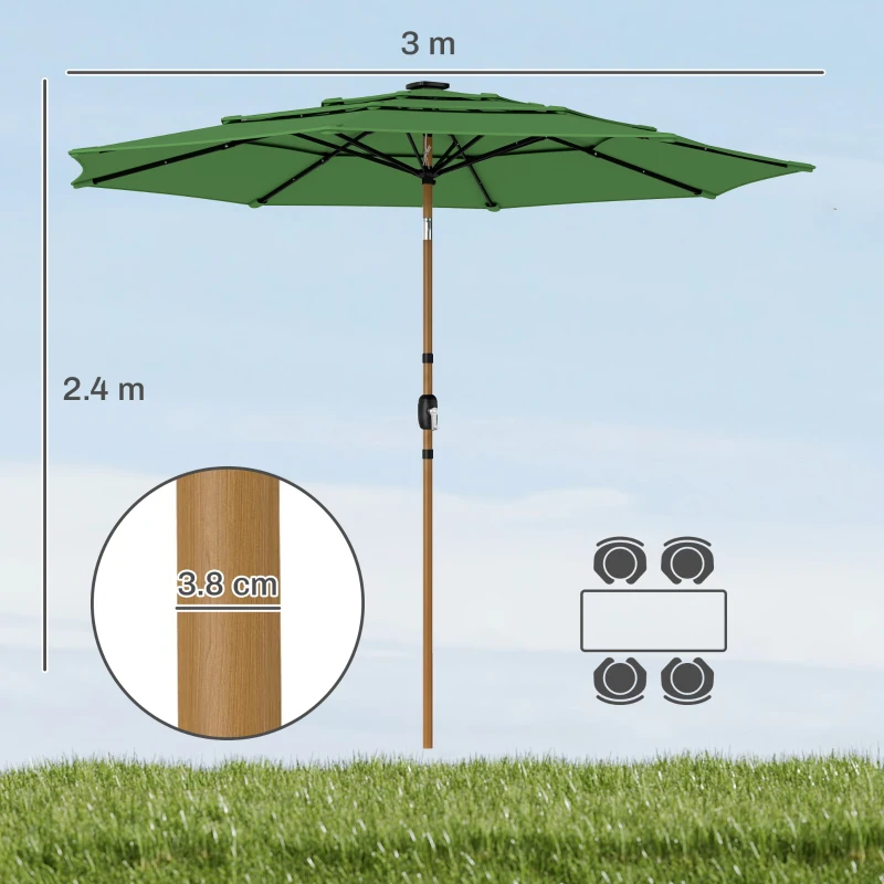 Outsunny Garden Parasol, Parasol Umbrella with 3-tier Roof, Crank Handle, Tilt Function, Polyester Canopy, Green