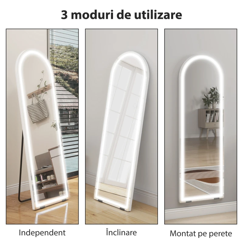 HOMCOM Oglindă de podea arcuită cu lumini, 150x50 cm, de perete și autoportantă, reglabilă, cu funcție de memorie, transparentă