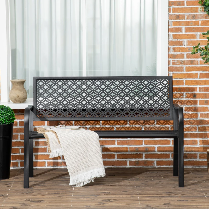 Outsunny Banc de jardin banc extérieur jardin en acier avec dossier à motif floral pour 2 personnes 127 x 63 x 83 cm noir