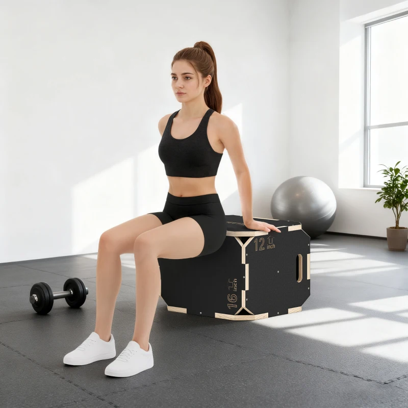 SPORTNOW Plyo Box in Legno 3 in 1, Box Pliometrico per Salti Antiscivolo con Maniglie per Allenamento in Casa Palestra, 41x36x31 cm, Nero
