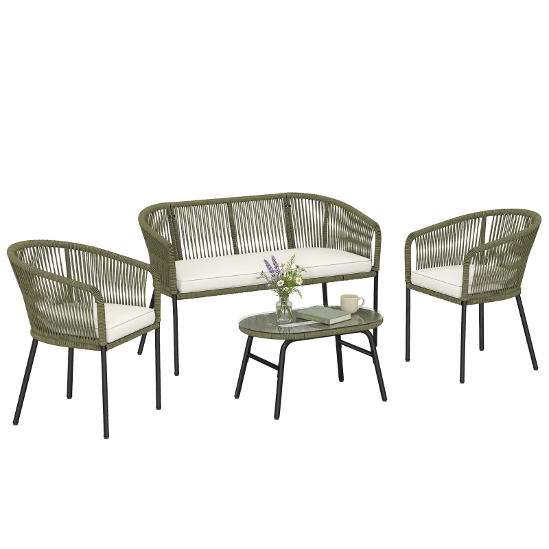 Outsunny Salon de Jardin Extérieur 4 Places Canapé 2 Places 2 Fauteuils et Table Basse Verre Trempé PP Rond Tressé Crème
