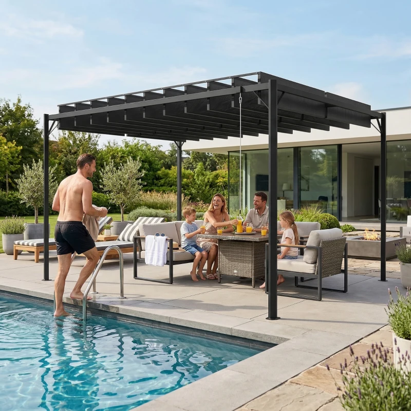 Outsunny Pérgola de Jardín 3x4 m con Protección UPF 50+ Gazebo con Techo Ajustable Estructura de Metal para Exterior Gris Oscuro