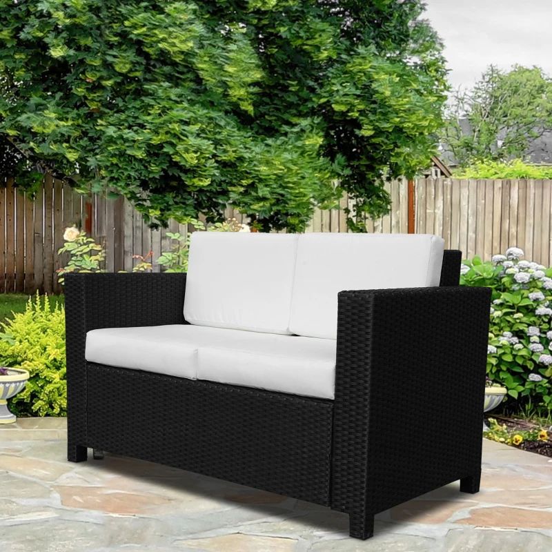 Outsunny Rattan Sofa, 2 Seater Garden Furniture with Soft Padded Cushion and Armrests, Wicker Garden Loveseat for Patio, Black
