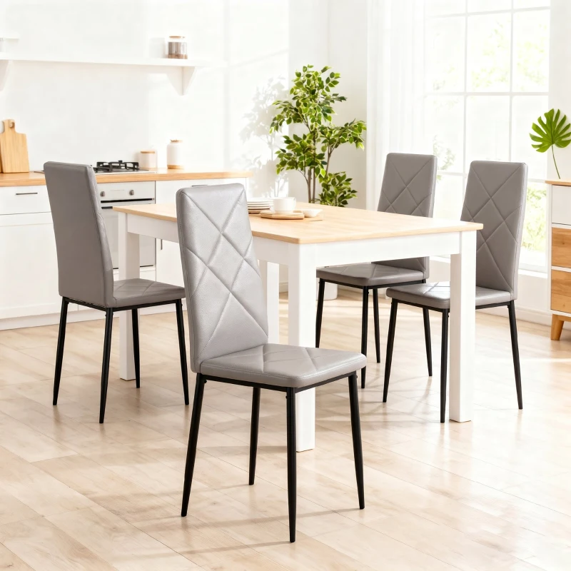 HOMCOM Set de 4 Scaune de Dining cu Spătar Înalt din Imitație de Piele și Oțel, 41x50x97cm, Gri